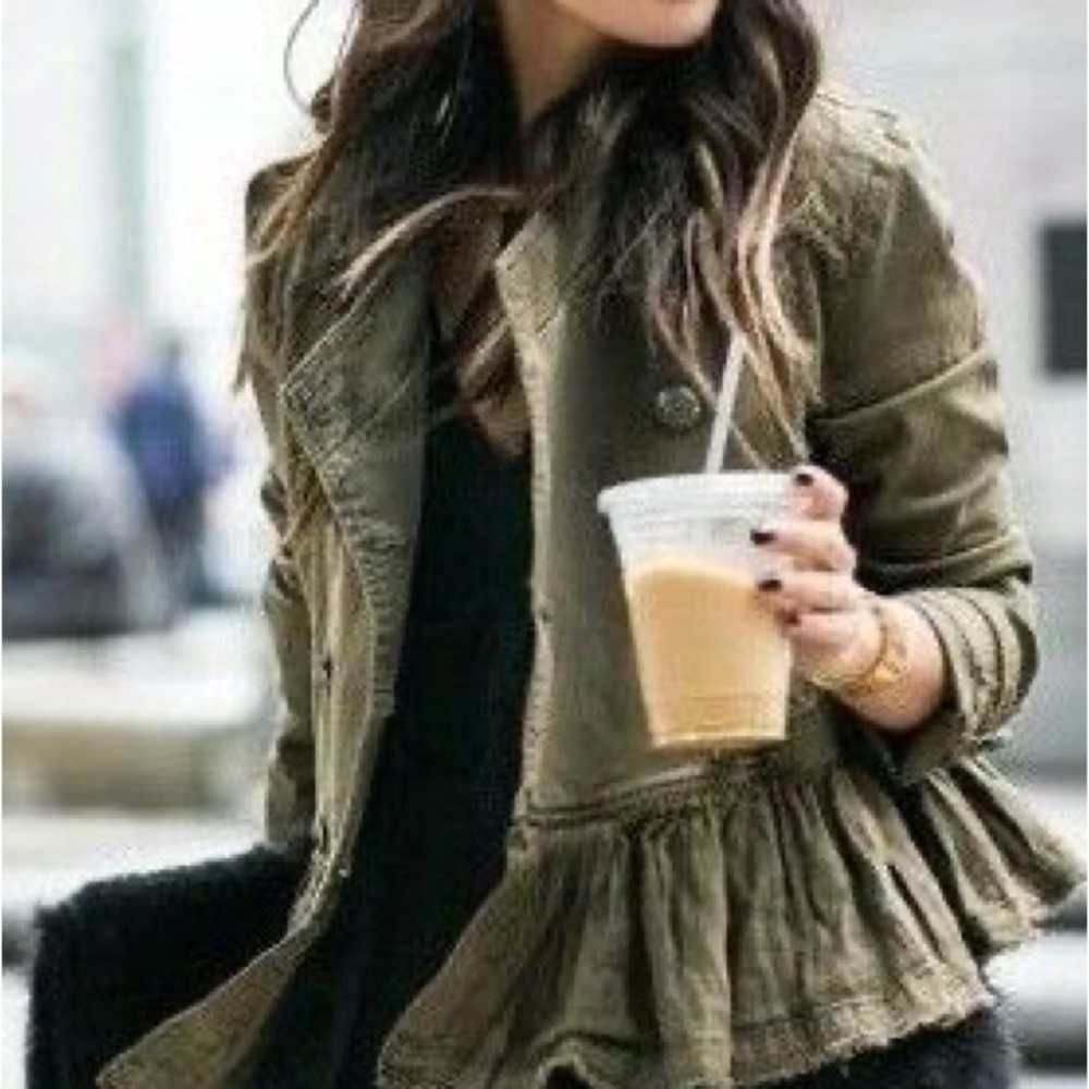 FREE PEOPLE Military Green Ruffle Frayed Hem Jacket Style OB480752